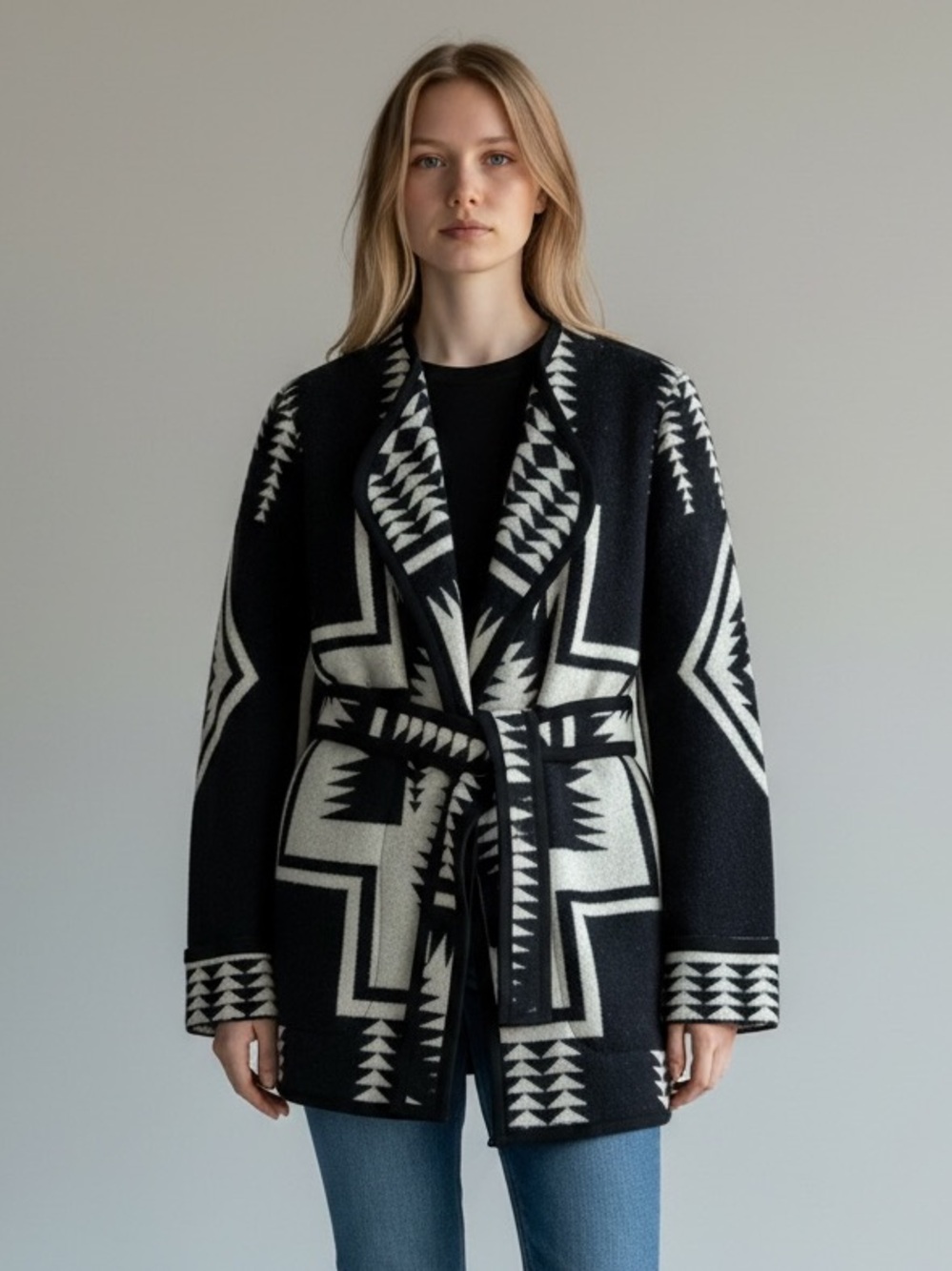 PENDLETON Neskowin Wool Wrap Black & Ivory Geometric Shawl-Collar Belted Jacket